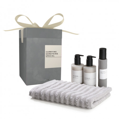 Coffret Cadeau de luxe Athene – Spray d’intérieur, savon mains, lotion et serviette d’invité | Mylène 